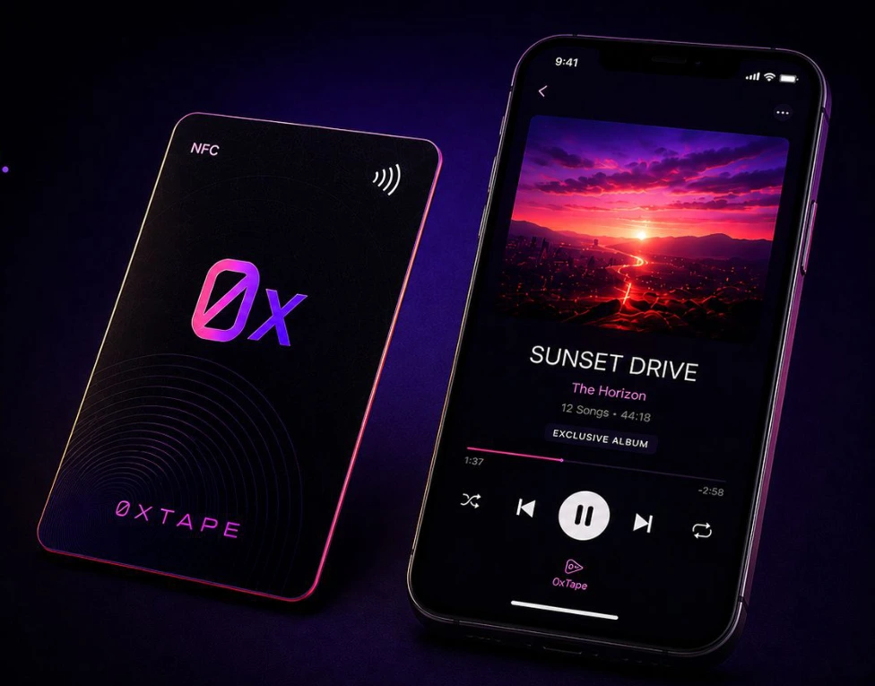 Une carte 0xTape à côté d’un téléphone affichant le lecteur musical